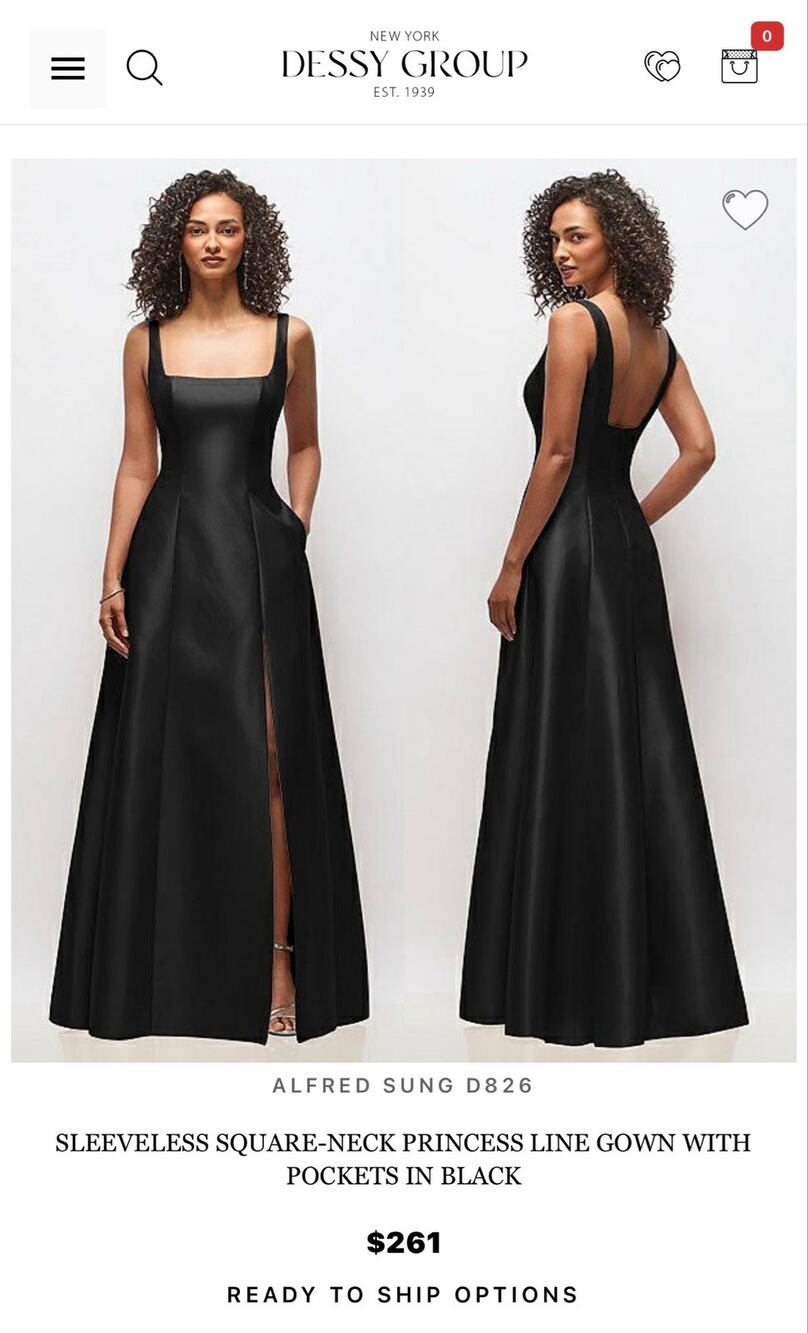 Alfred Sung D826 Black Satin Twill Square Neck Ball Gown Dress Pockets